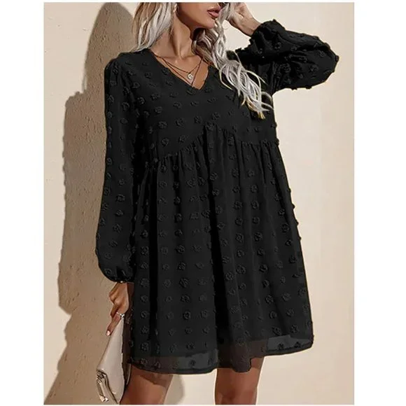 slim fit dress slacks Women's Long Sleeve Crewneck Casual Dress High Waist Pleated a Line Flowy  Dresses main image 0